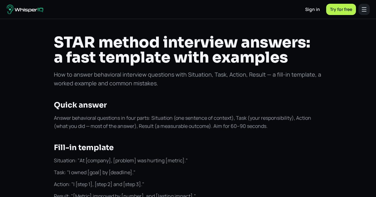 STAR method interview answers: a fast template with examples — WhisperIQ